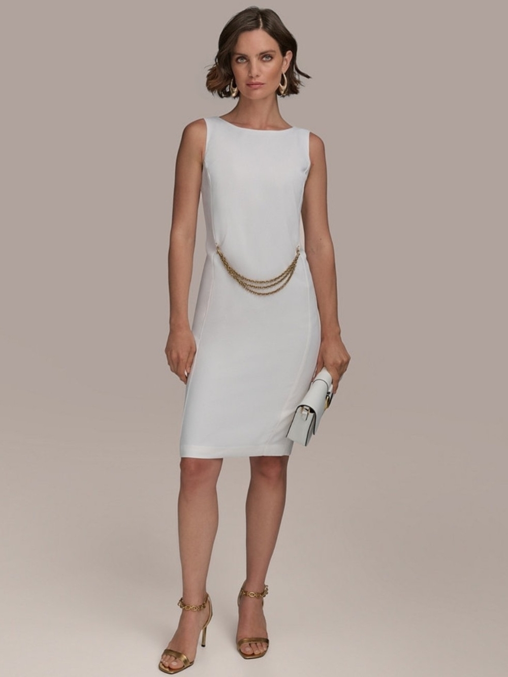 Donna Karan White Sleeveless Sheath Dress with Gold Chain Accent